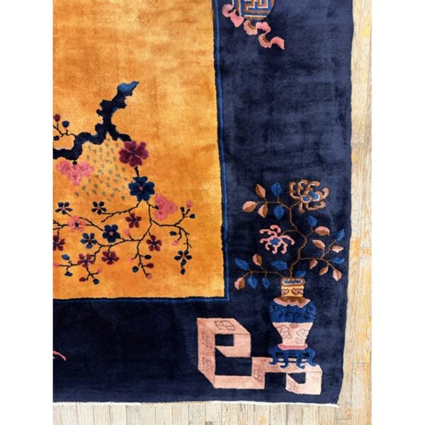 1920s gold field vase spray flowers shou symbols antique chinese art deco rug 9 1920s antique gold chinese art deco flower basket wool oversized rug - detail view 8