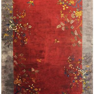 1920s Antique Red Chinese Art Deco Floral Vine Wool Room Size Rug