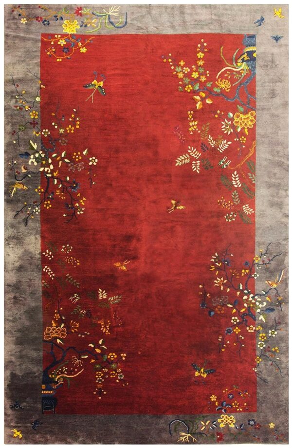 1920s antique red chinese art deco floral vine wool room size rug