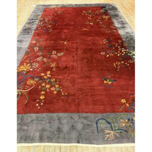 1920s Antique Red Chinese Art Deco Floral Vine Wool Room Size Rug - detail view 1