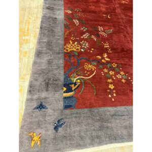 1920s Antique Red Chinese Art Deco Floral Vine Wool Room Size Rug - detail view 2