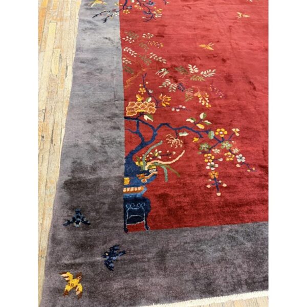1920s antique red chinese art deco floral vine wool room size rug - detail view 3