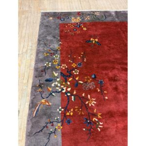 1920s Antique Red Chinese Art Deco Floral Vine Wool Room Size Rug - detail view 4