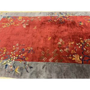 1920s Antique Red Chinese Art Deco Floral Vine Wool Room Size Rug - detail view 5