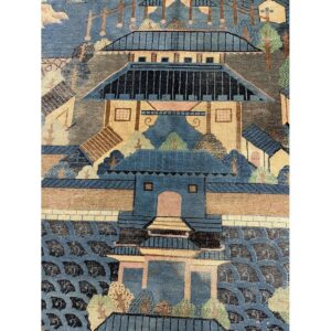 1920s Antique Traditional Blue Scene Pictorial Chinese Handknotted Wool Rug - detail view 1