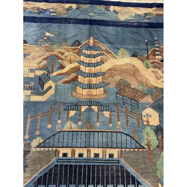 1920s antique traditional blue scene pictorial chinese handknotted wool rug 3 1920s antique traditional blue scene pictorial chinese handknotted wool rug - detail view 2