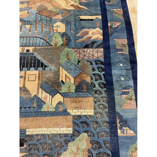 1920s antique traditional blue scene pictorial chinese handknotted wool rug 4 1920s antique traditional blue scene pictorial chinese handknotted wool rug - detail view 3