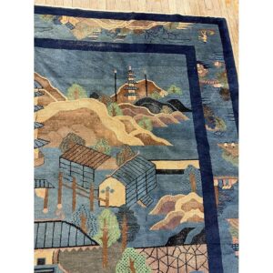 1920s Antique Traditional Blue Scene Pictorial Chinese Handknotted Wool Rug - detail view 4