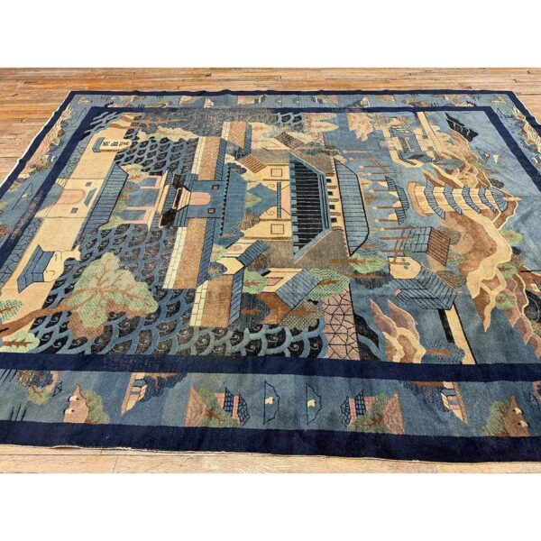 1920s antique traditional blue scene pictorial chinese handknotted wool rug 7 1920s antique traditional blue scene pictorial chinese handknotted wool rug - detail view 6