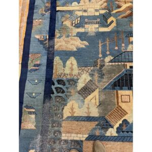 1920s Antique Traditional Blue Scene Pictorial Chinese Handknotted Wool Rug - detail view 7