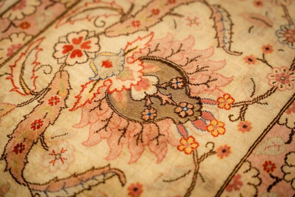 1920s beige ground traditional floral antique herekeh silk metal turkish rug 5 1920s beige ground traditional floral antique herekeh silk metal turkish rug - detail view 4