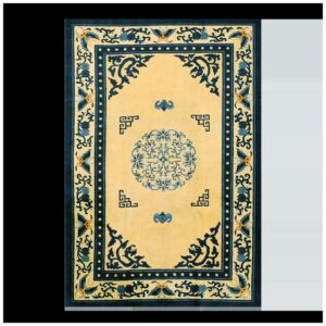 1920s Beige Medallion Antique Chinese Peking Rug 6' X 8'7" Handknotted Wool Carpet