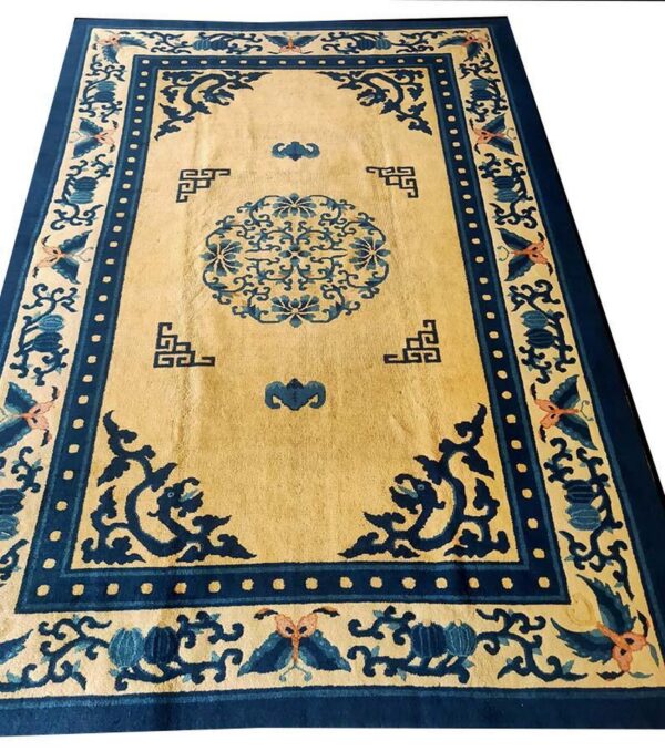 1920s beige medallion antique chinese peking rug 6' x 8'7" handknotted wool carpet - detail view 1