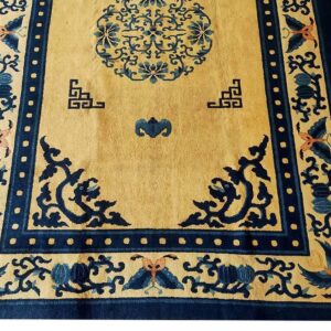 1920s Beige Medallion Antique Chinese Peking Rug 6' X 8'7" Handknotted Wool Carpet - detail view 3
