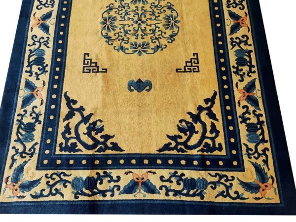 1920s beige medallion antique chinese peking rug 6' x 8'7" handknotted wool carpet - detail view 3