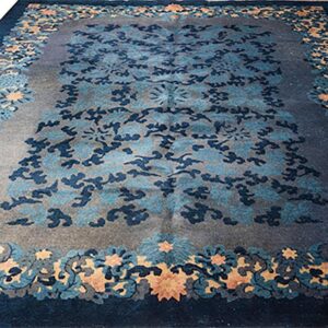 1920s Blue Foliate Antique Chinese Peking Rug 9'x11' 11" Handknotted Wool Carpet - detail view 1