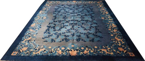 1920s blue foliate antique chinese peking rug 9'x11' 11" handknotted wool carpet - detail view 1