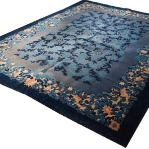 1920s Blue Foliate Antique Chinese Peking Rug 9'x11' 11" Handknotted Wool Carpet - detail view 2