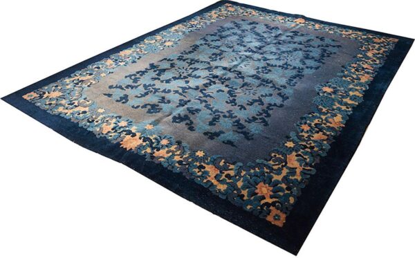 1920s blue foliate antique chinese peking rug 9'x11' 11" handknotted wool carpet - detail view 2