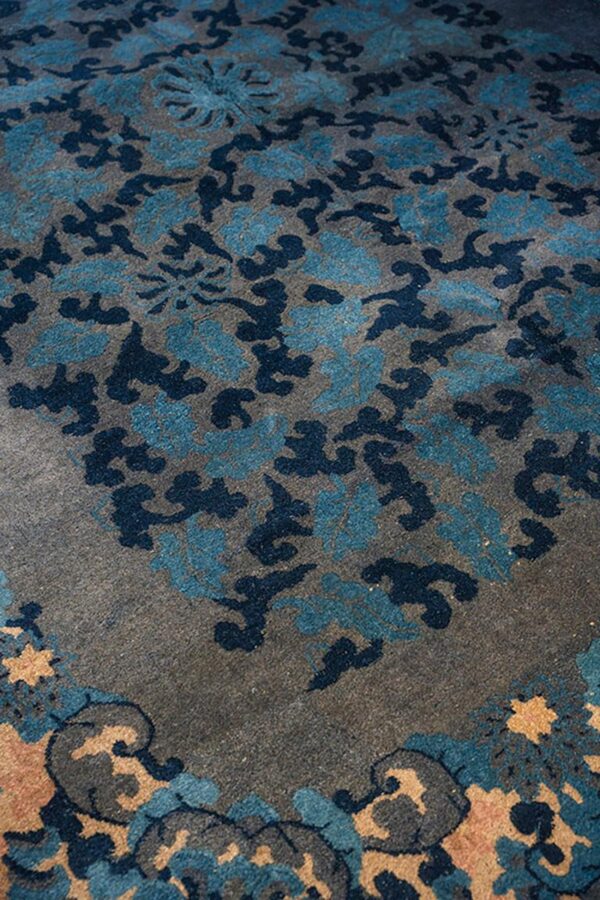 1920s blue foliate antique chinese peking rug 9'x11' 11" handknotted wool carpet - detail view 7