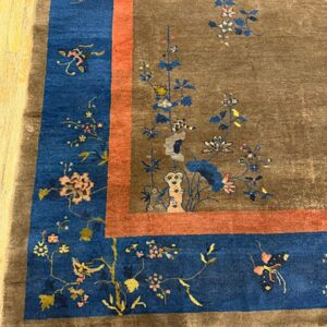 1920s Brown Field Modern Floral Antique Chinese Art Deco Rug - detail view 1
