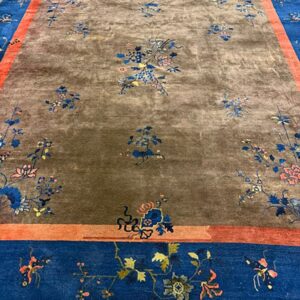1920s Brown Field Modern Floral Antique Chinese Art Deco Rug - detail view 2