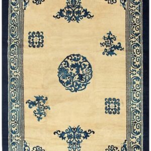 1920s Cream Medallion Geometric Knotted Wool Antique Chinese Peking Carpet Rug