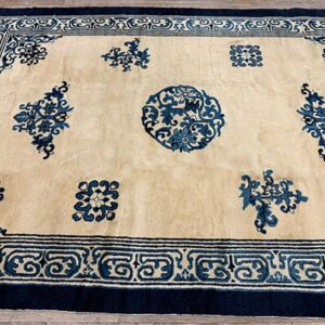 1920s Cream Medallion Geometric Knotted Wool Antique Chinese Peking Carpet Rug - detail view 3