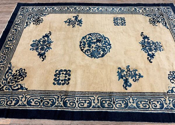 1920s cream medallion geometric knotted wool antique chinese peking carpet rug 4 1920s cream medallion geometric knotted wool antique chinese peking carpet rug - detail view 3
