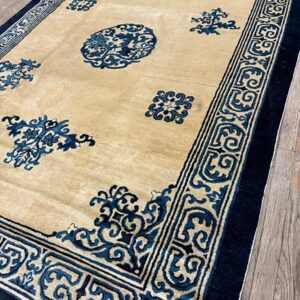 1920s Cream Medallion Geometric Knotted Wool Antique Chinese Peking Carpet Rug - detail view 7