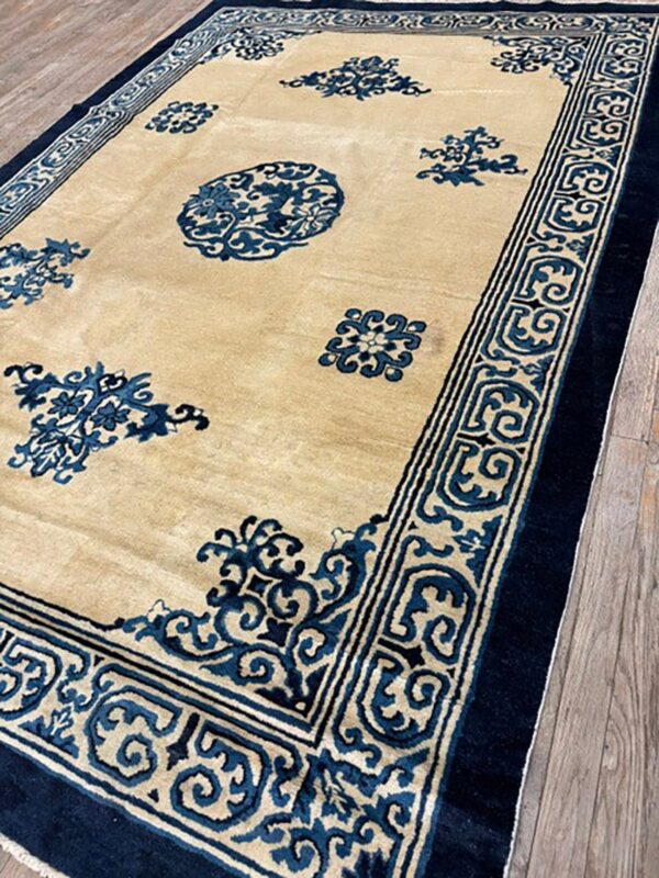 1920s cream medallion geometric knotted wool antique chinese peking carpet rug 8 1920s cream medallion geometric knotted wool antique chinese peking carpet rug - detail view 7