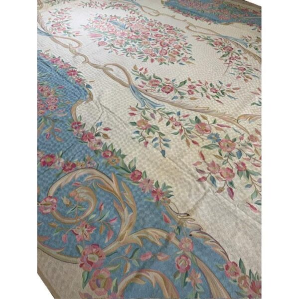 1920s ivory floral medalion antique european flatweave wool chain stitch rug - detail view 2
