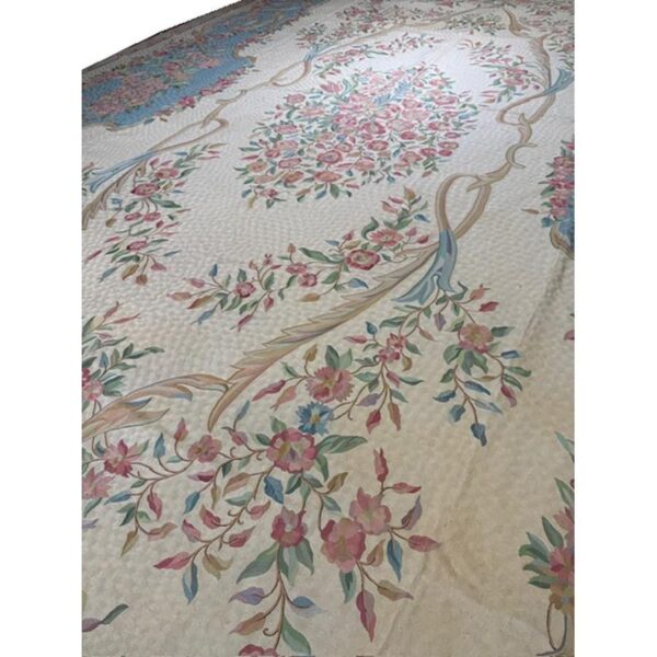 1920s ivory floral medalion antique european flatweave wool chain stitch rug - detail view 4
