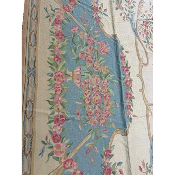 1920s ivory floral medalion antique european flatweave wool chain stitch rug - detail view 6