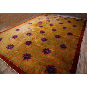 1920s Orange Branches Sprays Modern Floral Antique Chinese Knotted Art Deco Rug - detail view 1