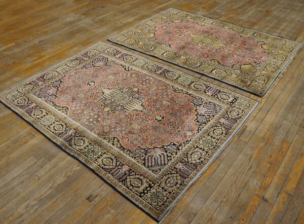 1920s pink medallion pair of antique persian silk qum carpets 3' 7'' x 5' 2'' handknotted wool rugs - detail view 1