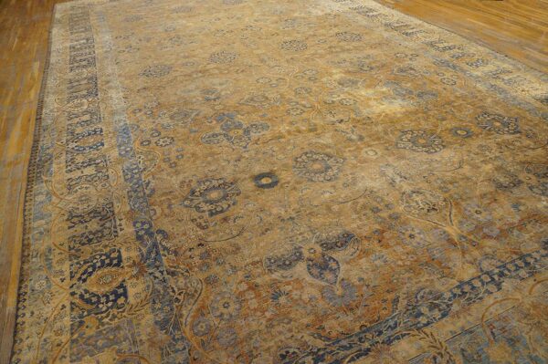 1920s tan camel floral antique persian kerman rug 11' 8" x 21'8" knotted wool carpet - detail view 1