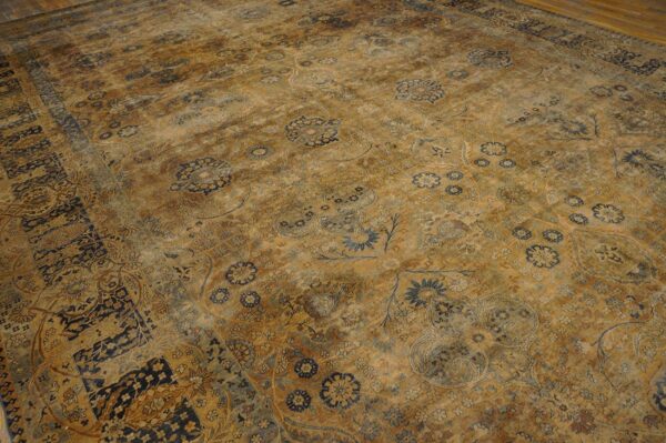 1920s tan camel floral antique persian kerman rug 11' 8" x 21'8" knotted wool carpet - detail view 2