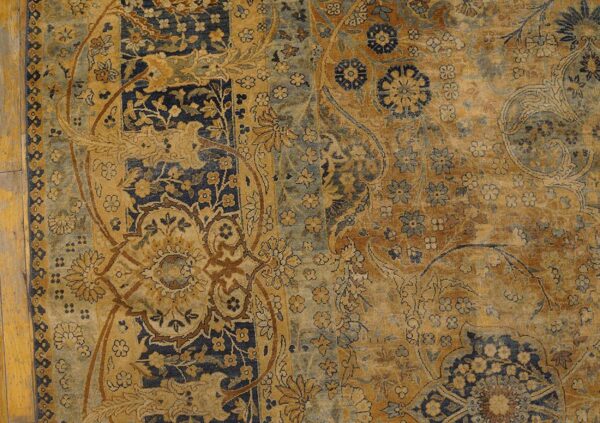 1920s tan camel floral antique persian kerman rug 11' 8" x 21'8" knotted wool carpet - detail view 3