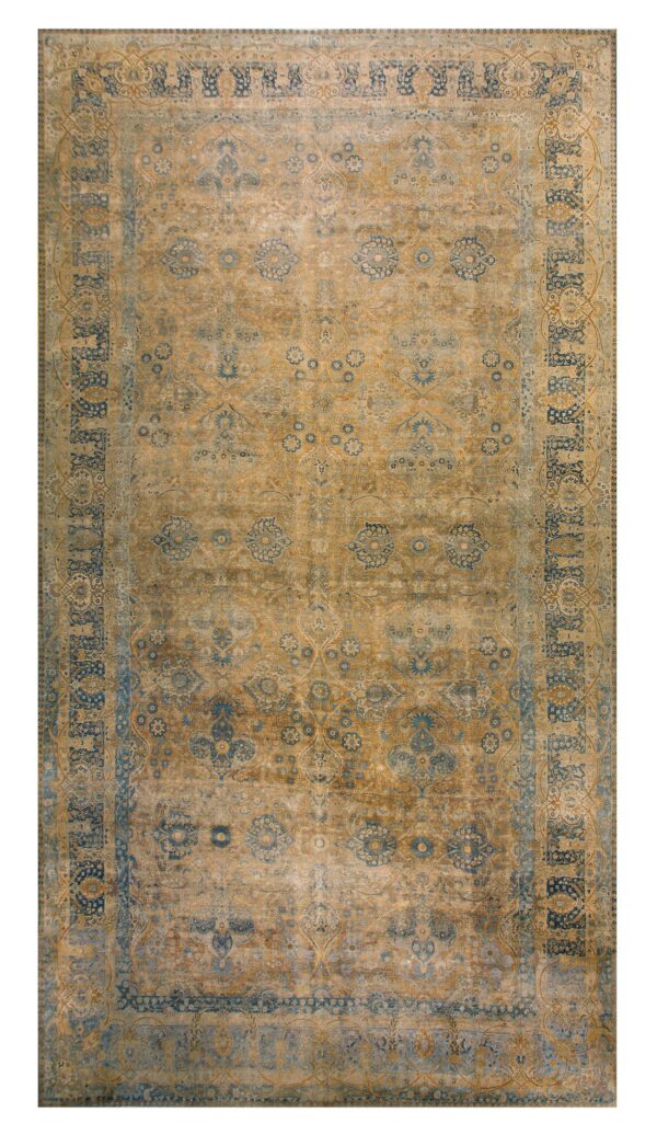 1920s tan camel floral antique persian kerman rug 11' 8" x 21'8" knotted wool carpet - detail view 5