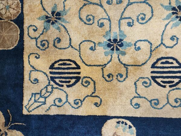 1930s beige floral shou antique chinese peking rug 3' 0''x 4' 10'' handknotted wool carpet 2 1930s beige floral shou antique chinese peking rug 3' 0''x 4' 10'' handknotted wool carpet - detail view 1