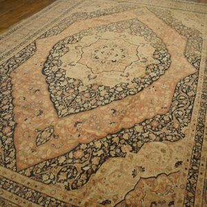 1930s Ivory Salmon Medallion Antique Persian Tabriz Rug 11'2" X17'4" Handknotted Wool Carpet - detail view 2