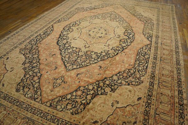 1930s ivory salmon medallion antique persian tabriz rug 11'2" x17'4" handknotted wool carpet 3 1930s ivory salmon medallion antique persian tabriz rug 11'2" x17'4" handknotted wool carpet - detail view 2