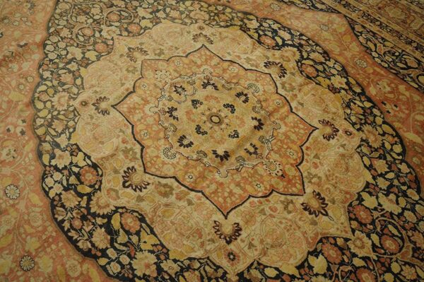 1930s ivory salmon medallion antique persian tabriz rug 11'2" x17'4" handknotted wool carpet 4 1930s ivory salmon medallion antique persian tabriz rug 11'2" x17'4" handknotted wool carpet - detail view 3