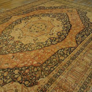 1930s Ivory Salmon Medallion Antique Persian Tabriz Rug 11'2" X17'4" Handknotted Wool Carpet - detail view 4