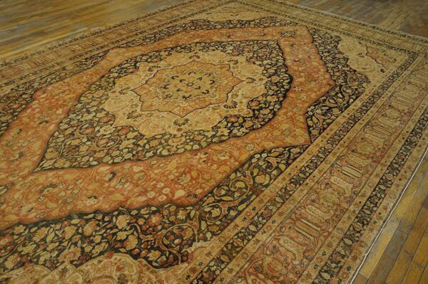 1930s ivory salmon medallion antique persian tabriz rug 11'2" x17'4" handknotted wool carpet 5 1930s ivory salmon medallion antique persian tabriz rug 11'2" x17'4" handknotted wool carpet - detail view 4