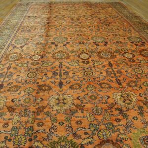 1930s Orange Salmon Geometric Antique Persian Sultanabad Rug 10'10" X 20'2" Handknotted Wool Carpet - detail view 1