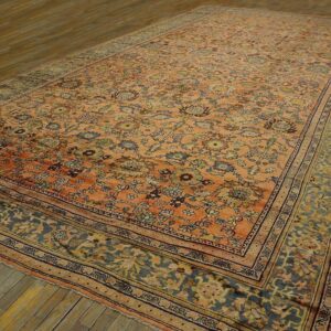 1930s Orange Salmon Geometric Antique Persian Sultanabad Rug 10'10" X 20'2" Handknotted Wool Carpet - detail view 2