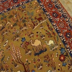 1930s Tan Camel Floral Animal Antique Persian Isfahan Rug 3' 4'' X 5' 2'' Handknotted Wool Carpet - detail view 1