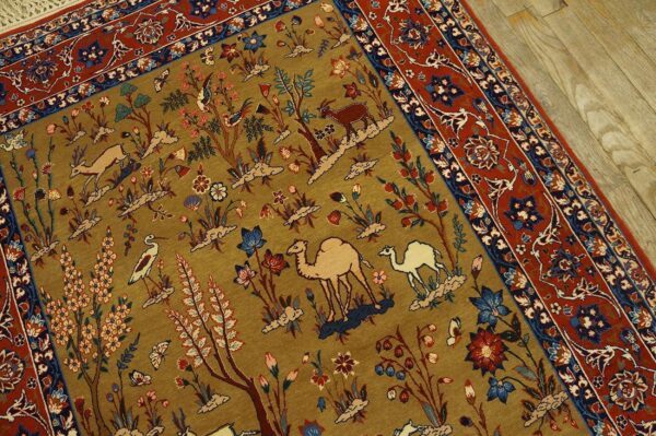 1930s tan camel floral animal antique persian isfahan rug 3' 4'' x 5' 2'' handknotted wool carpet - detail view 1